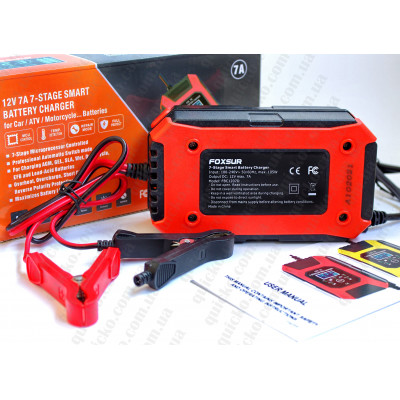 Автоматическое зарядное устройство FOXSUR 12V 7A для зарядки, восстановления, и десульфатации автомобильных и мото аккумуляторов